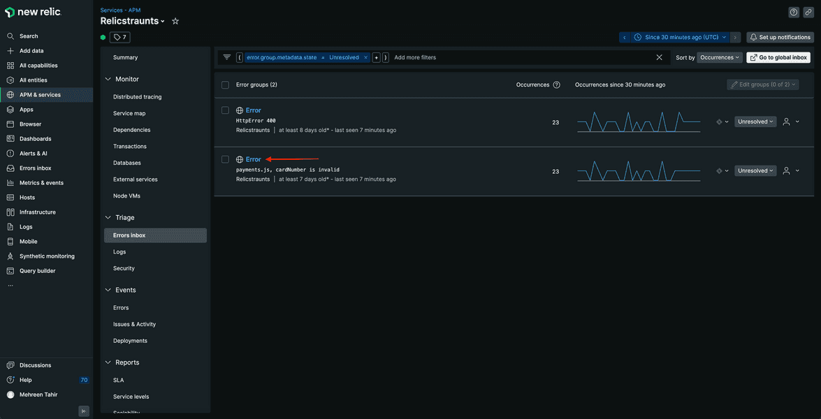 Arrow pointing to payment error